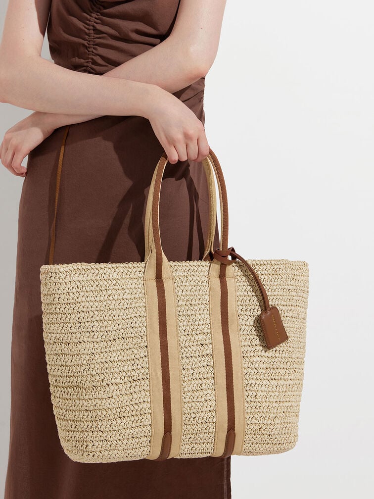 Women’s striped handles raffia tote bag in chocolate - CHARLES & KEITH