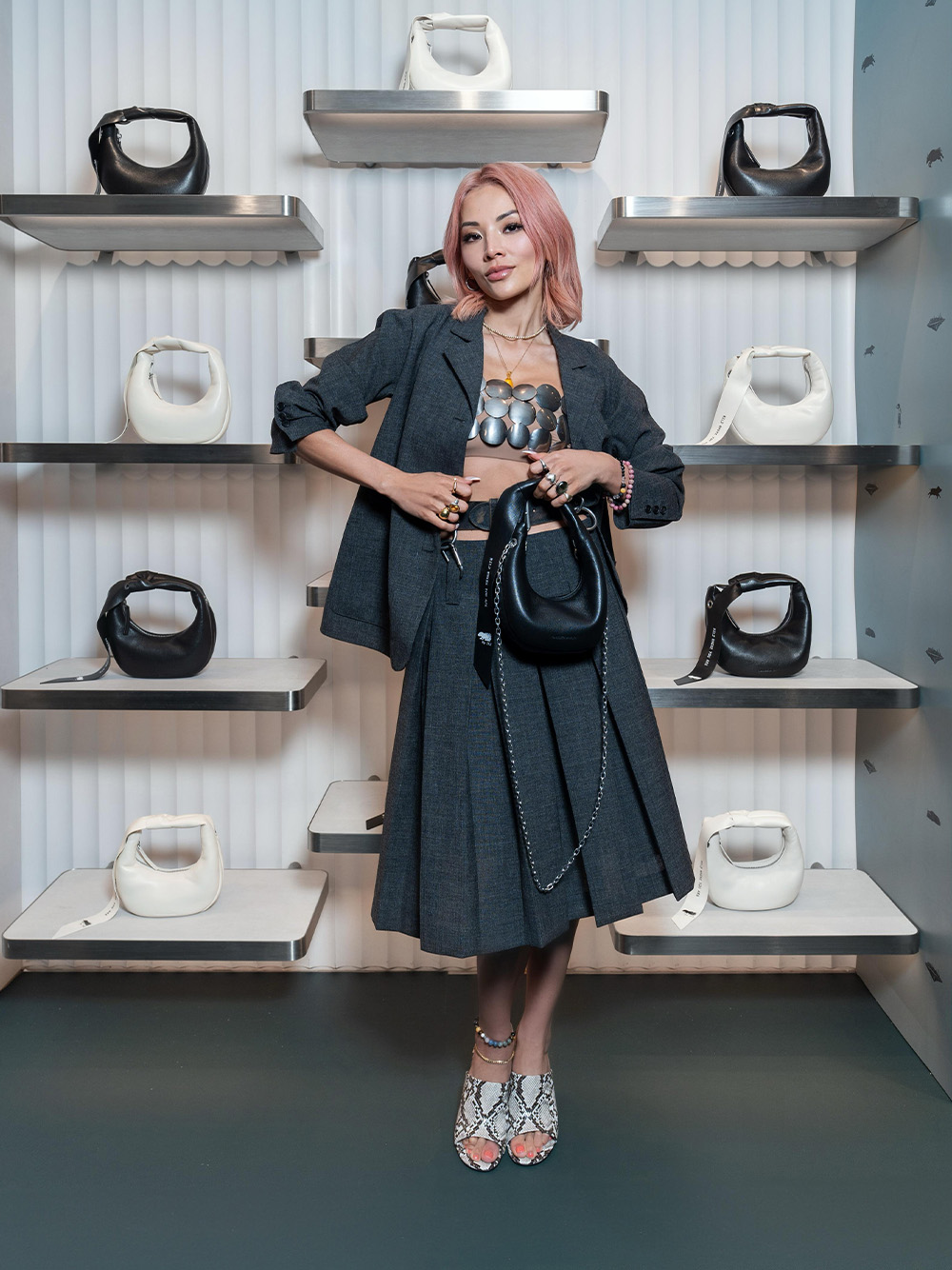 Women’s micro Toni knotted crescent hobo bag and snake-print wide-strap sculptural-heel wedges, as seen on Tina Leung - CHARLES & KEITH