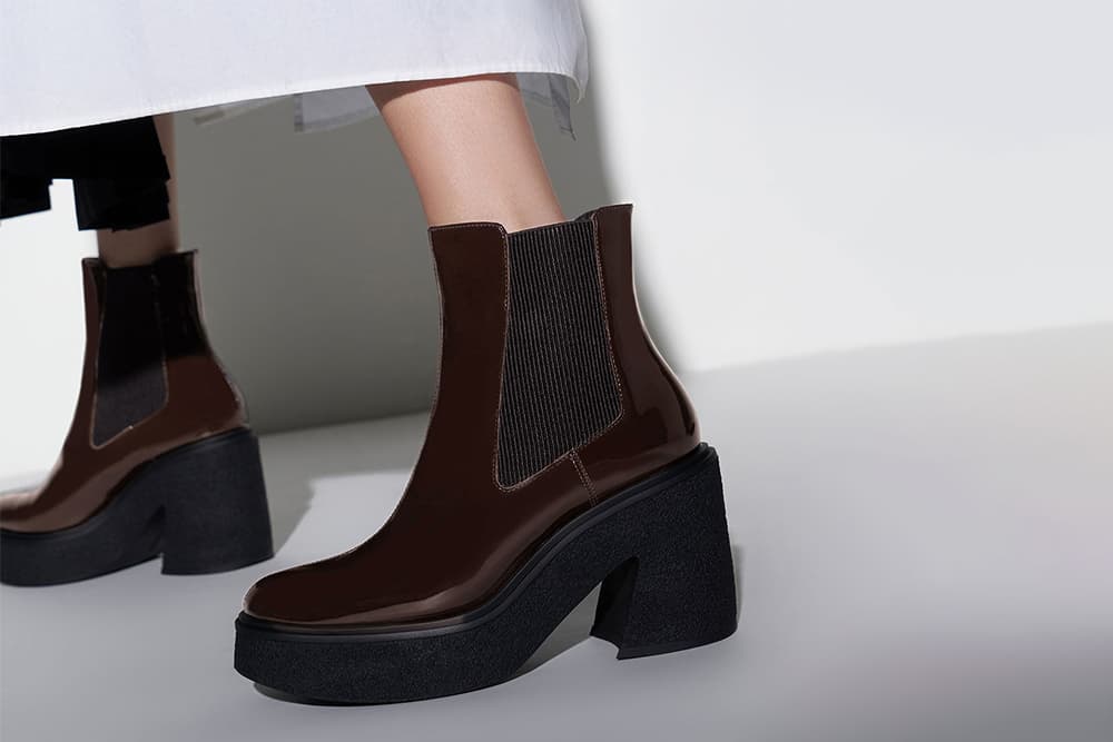 Odette Patent Leather Chelsea Platform Boots, Brown