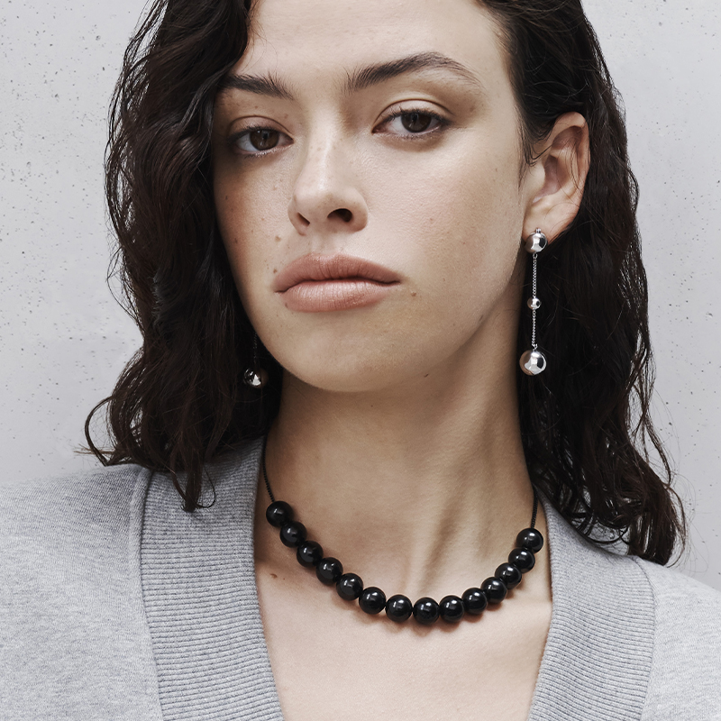 Women’s Metallic Beaded Necklace in black and Metallic Sphere Crystal-Embellished Drop Earrings in silver - CHARLES & KEITH
