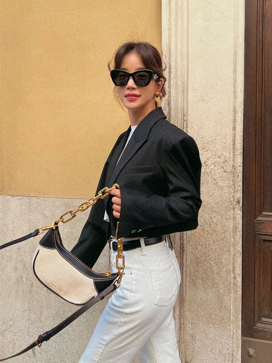 Women’s Alma thong mules and Shalia chain-handle moon bag, as seen on Ki Eun Se - CHARLES & KEITH