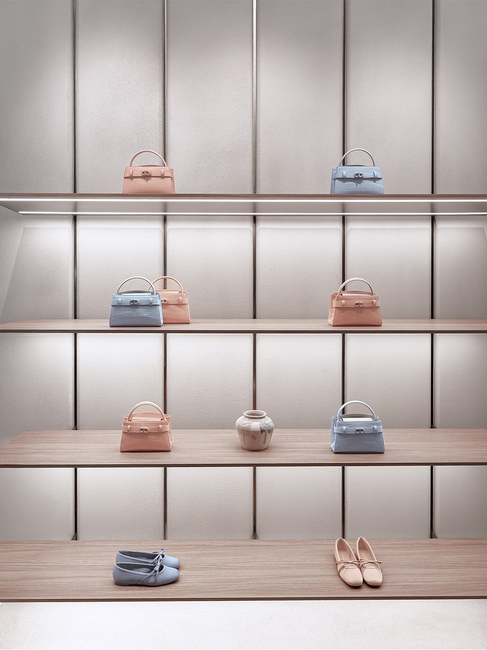 The new-season Aubrielle croc-effect bags on display at CHARLES & KEITH’s Chengdu flagship store