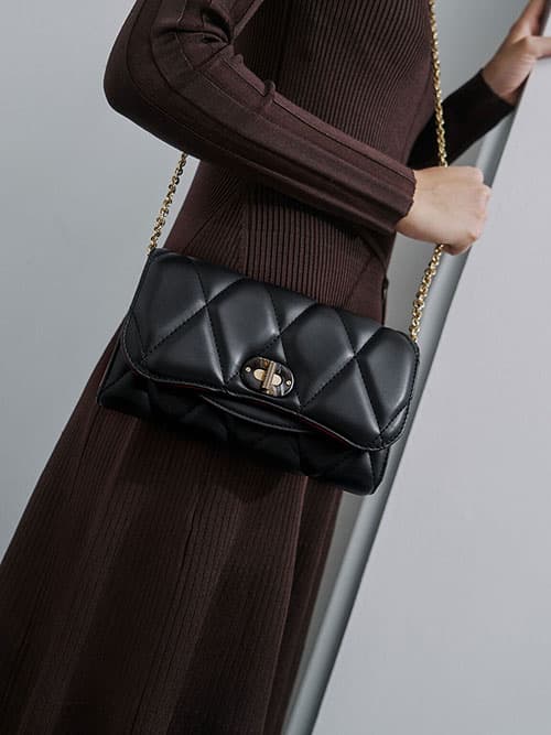 Quilted Turn-Lock Wallet, Black