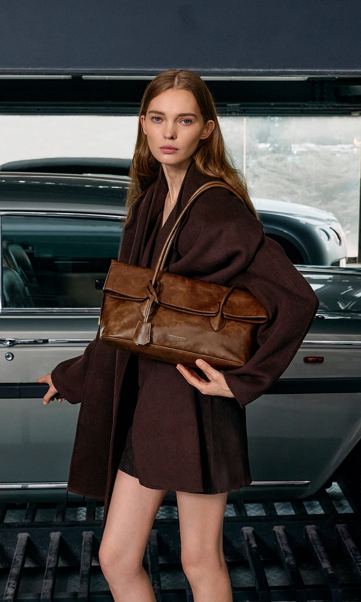 Pecan Brown Aveline Front-Flap Shoulder Bag- CHARLES & KEITH