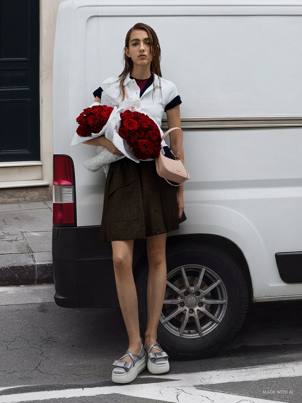 Women’s pink Elspeth recycled suede chain-handle shoulder bag and grey Brantley recycled polyester bow crossover-strap platform Mary Janes - CHARLES & KEITH