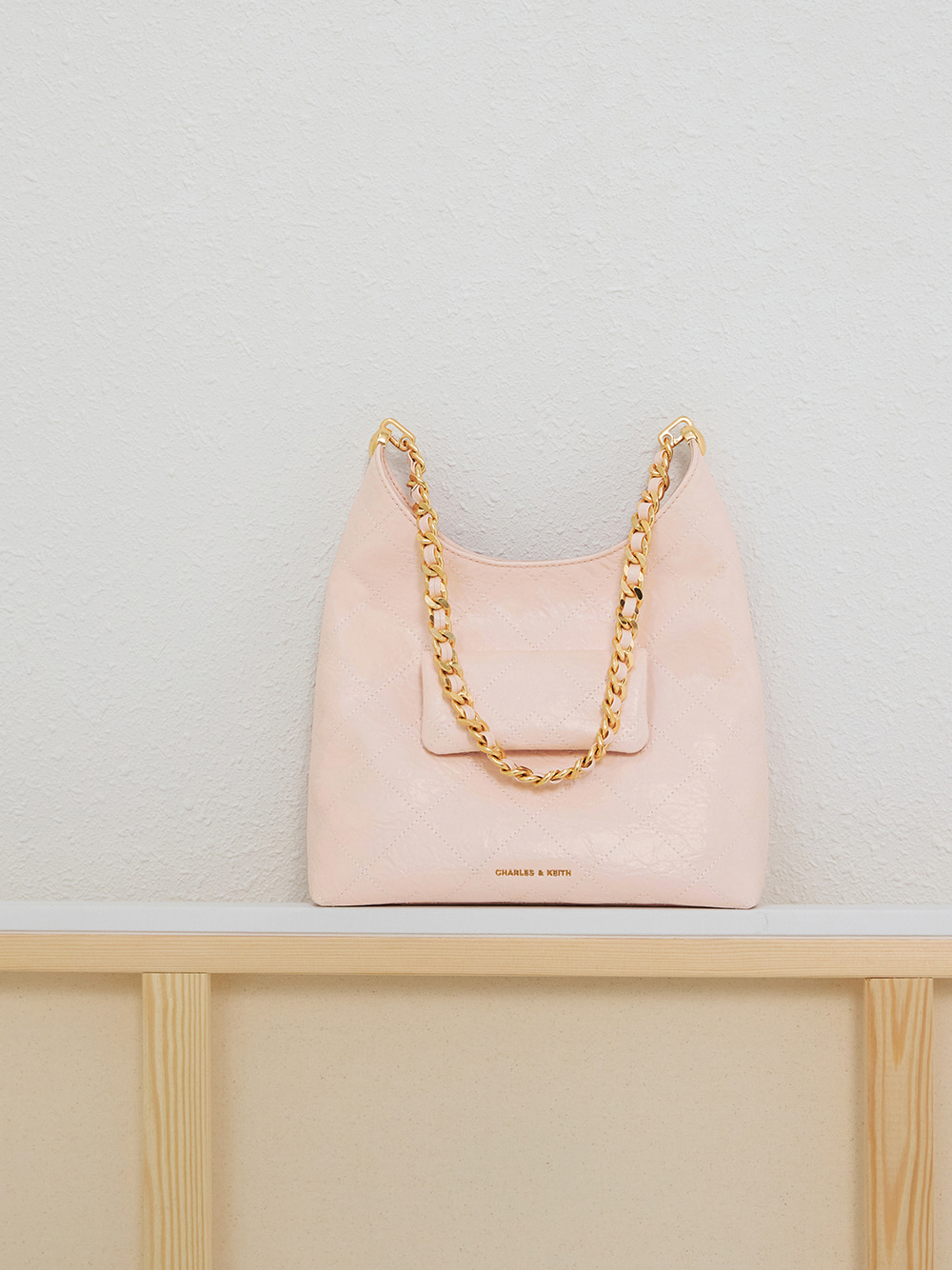 Duo Quilted Front-Pocket Chain Hobo Bag in soft pink - CHARLES & KEITH
