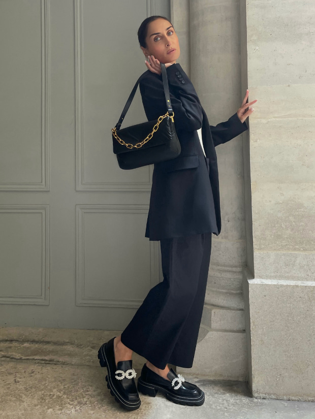 Women’s Zadie padded shoulder bag in black and Perline beaded platform loafers in black - CHARLES & KEITH