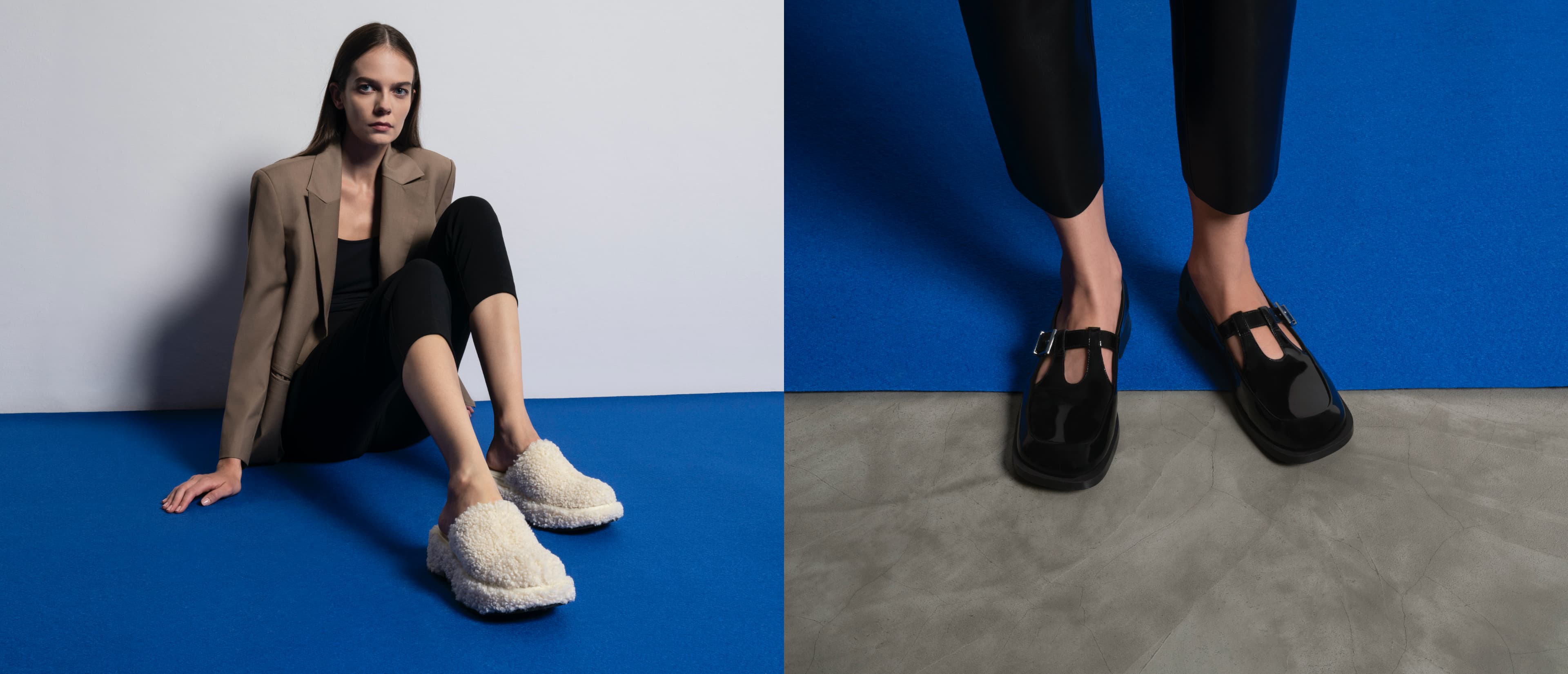 Women’s furry platform clogs in chalk and Mary Jane buckle loafers in black - CHARLES & KEITH