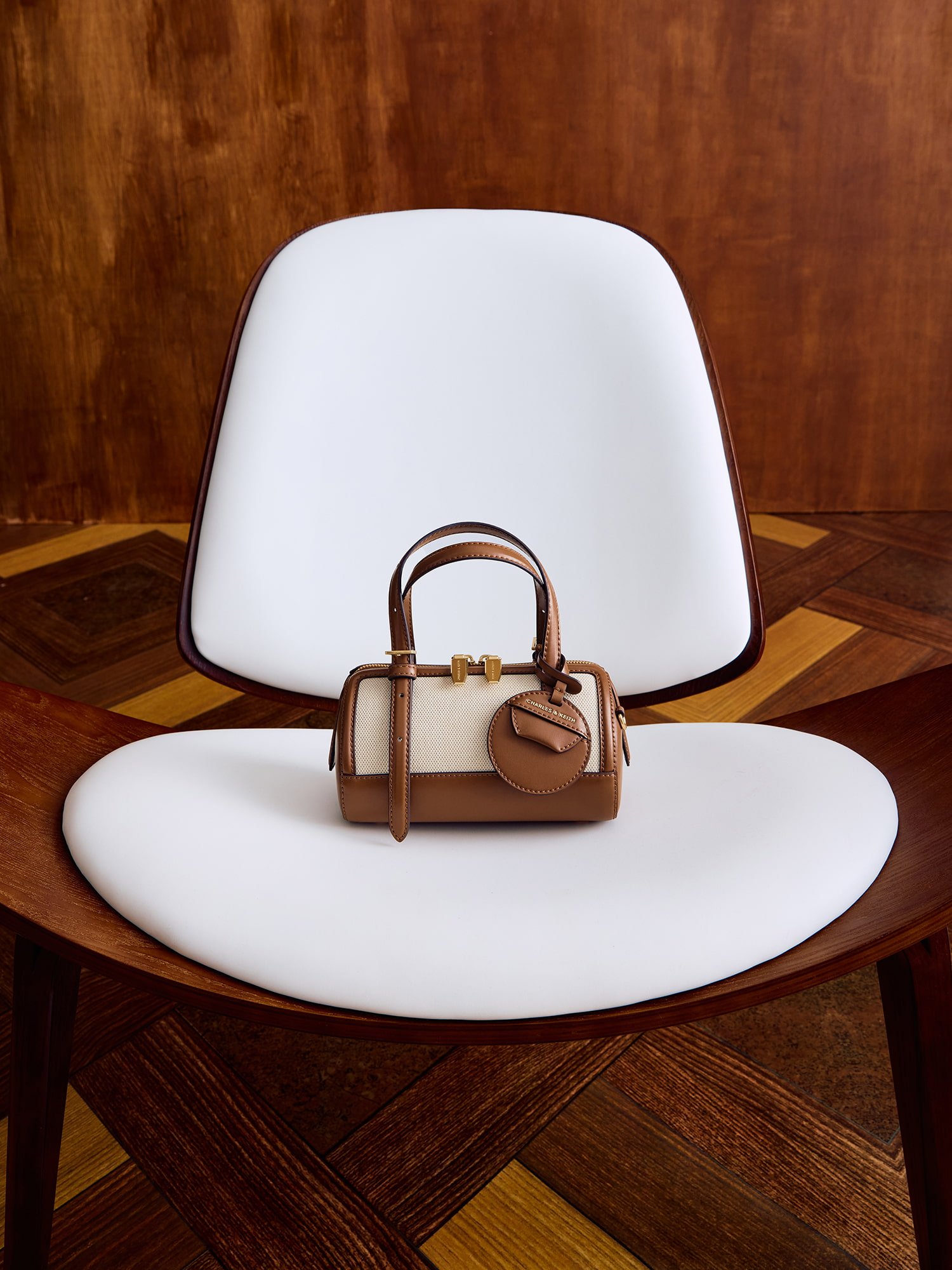 Chocolate Enola Canvas Two-Tone Bowling Bag- CHARLES & KEITH