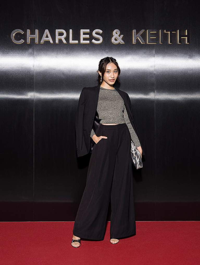 Women’s Avis Metallic Belted Ruched Shoulder Bag in silver and Patent Slant-Heel Ankle-Strap Sandals in black - CHARLES & KEITH