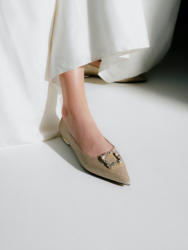 Glitter gem-embellished flats in gold - CHARLES & KEITH