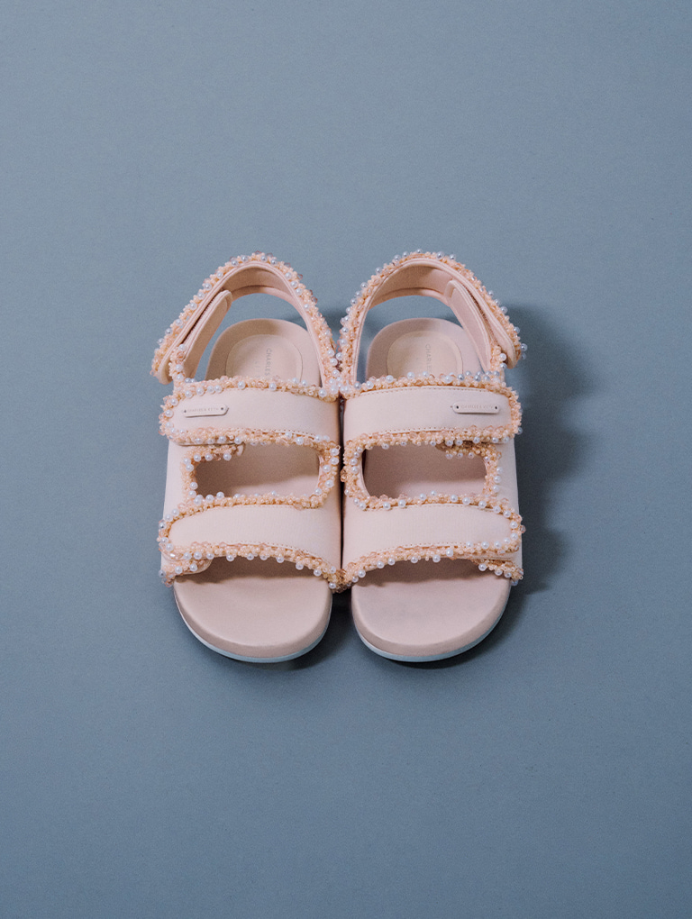 Girls’ elastane pearl-embellished flatform sandals in light pink - CHARLES & KEITH