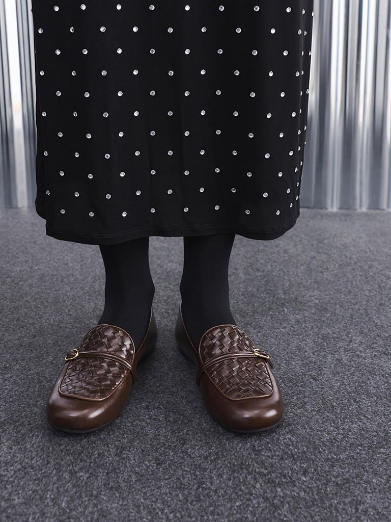 Women's Woven Buckle-Strap Loafers in dark brown — CHARLES & KEITH