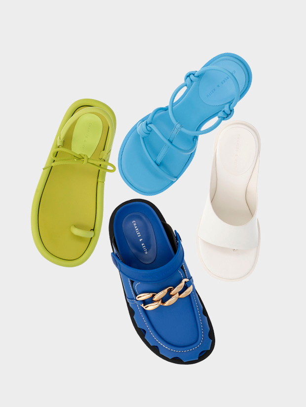 Women’s bow-tie toe-ring padded sandals, strappy knotted thong sandals, Alma thong heels, and chunky chain link flat mules - CHARLES & KEITH