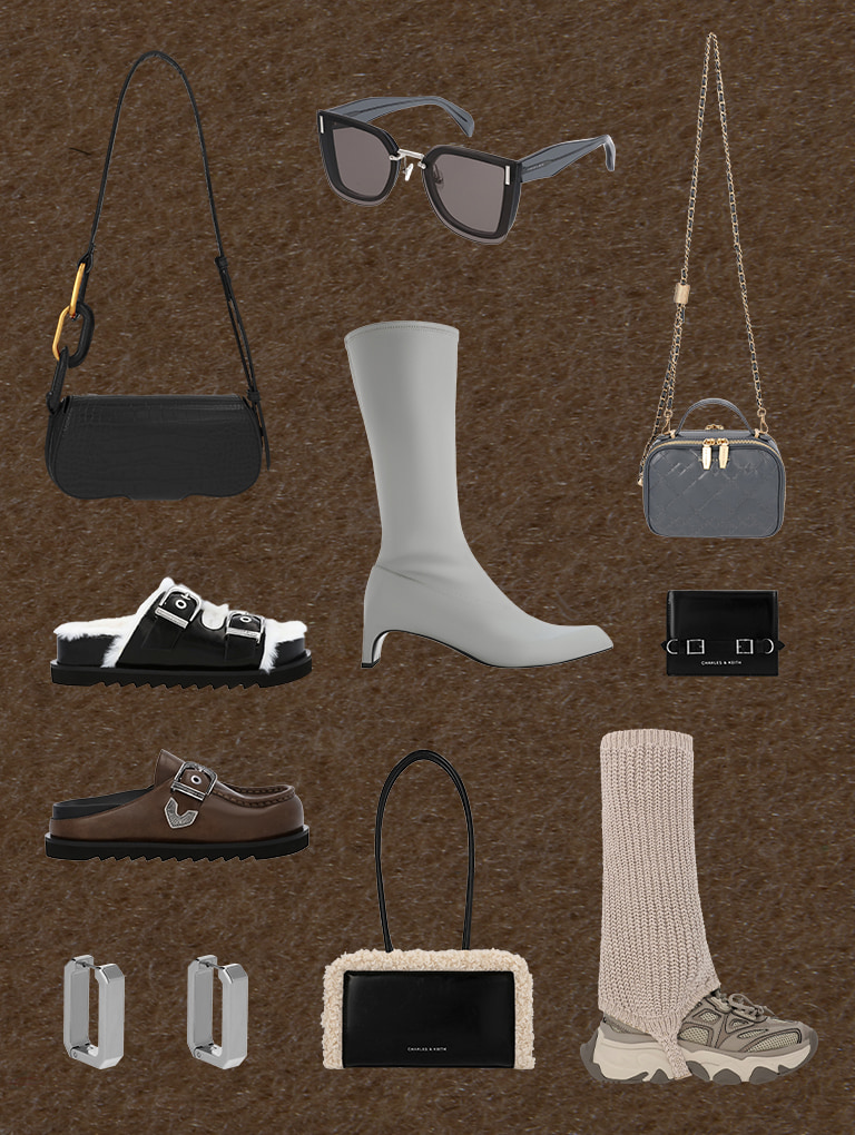 Women’s mini Kora croc-effect metallic-accent elongated bag in black, Jill recycled acetate geometric butterfly sunglasses in navy, Gaskell metallic mesh chunky sneakers in taupe, Hannah furry buckled double-strap sandals in black, Keziah rectangle hoop earrings in silver, Lorde blade-heel pointed-toe calf boots in grey, Kirke buckle-strap flatform mules in dark brown, fur-trim elongated-handle shoulder bag in chalk - CHARLES & KEITH