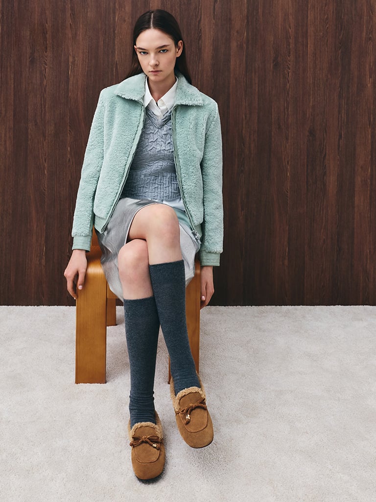 Women's Gavyn suede shearling-lined boat shoes in brown - CHARLES & KEITH