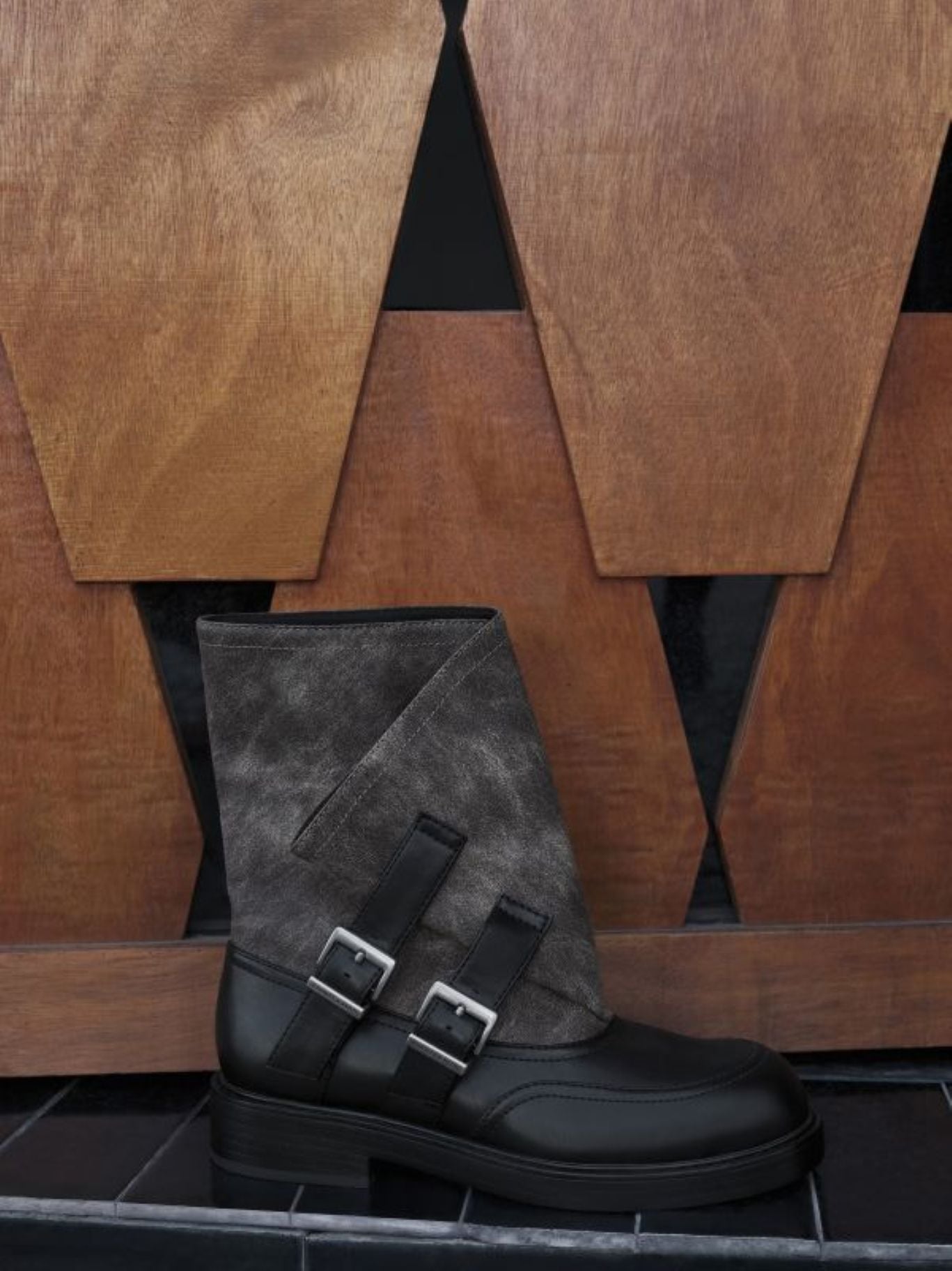 Dark Grey Aether Buckled Calf Boots - CHARLES & KEITH