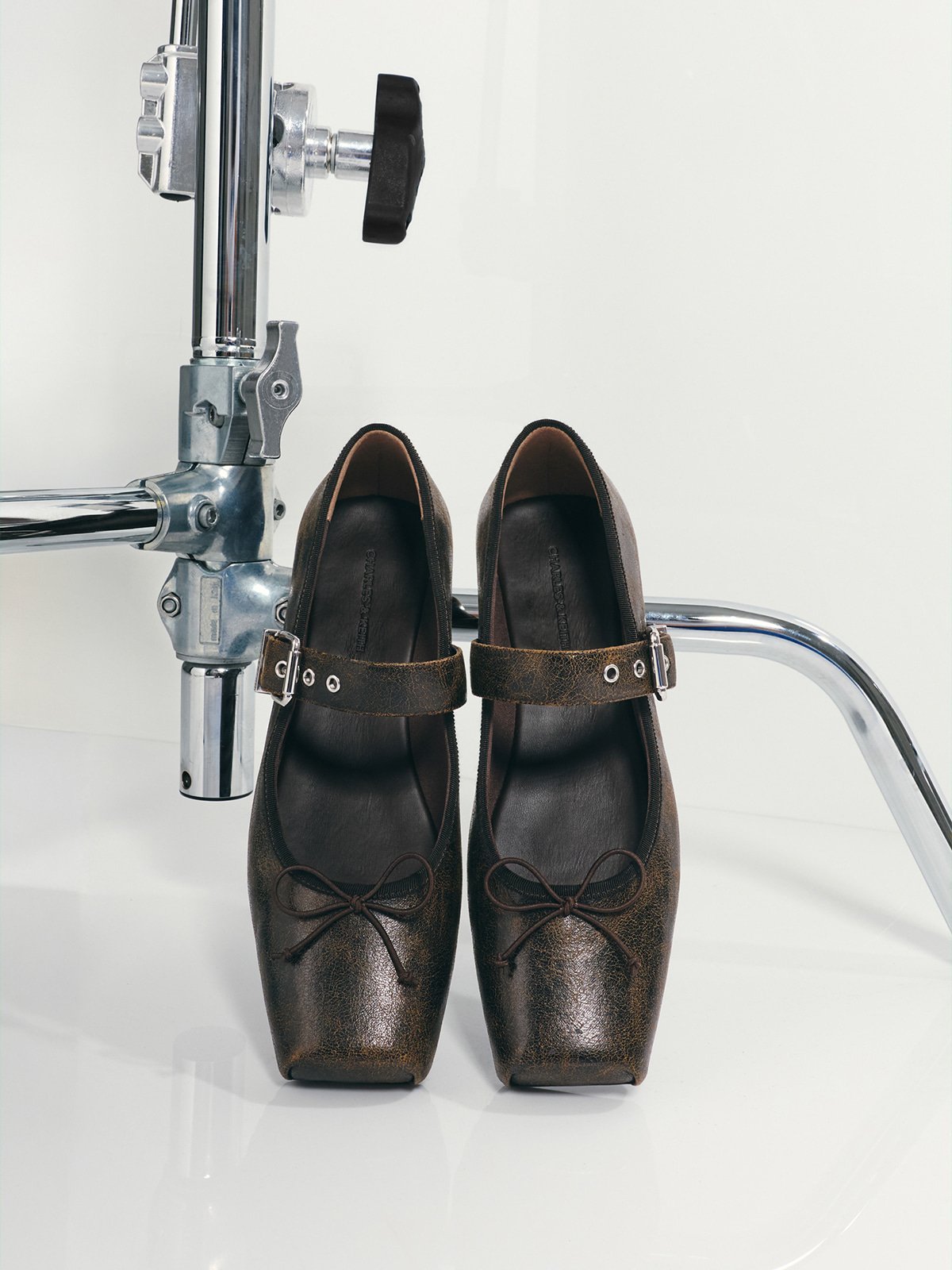 Myler Crinkle-Effect Bow Square-Toe Buckled Mary Janes - CHARLES & KEITH