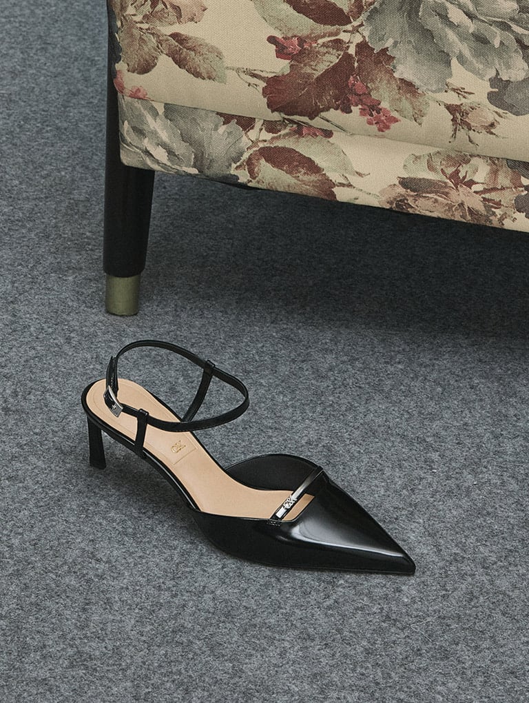 Women’s leather kitten-heel ankle-strap pointed-toe pumps in black box - CHARLES & KEITH