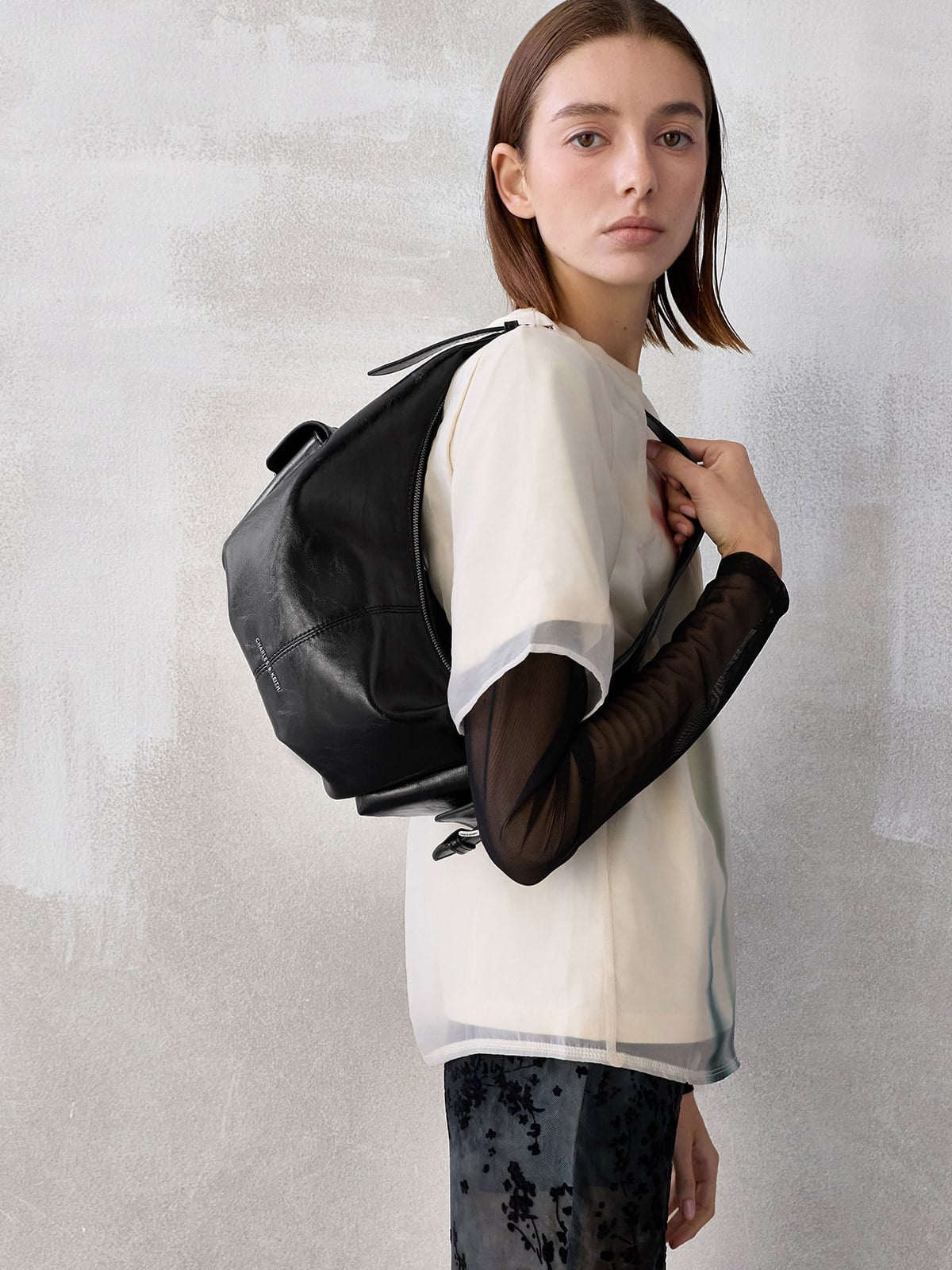 Noir Bessie Side-Pocket Hobo Bag -  CHARLES & KEITH