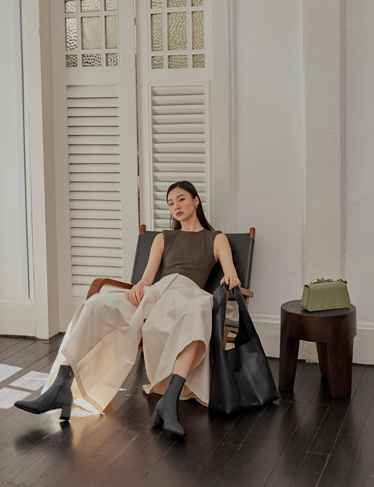 Women’s two-tone block heel ankle boots, knotted handle hobo bag and ruched handle sculptural bag – CHARLES & KEITH