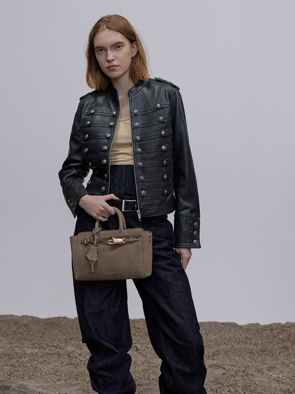 Mini Delfina belted tote bag in walnut brown - CHARLES & KEITH
