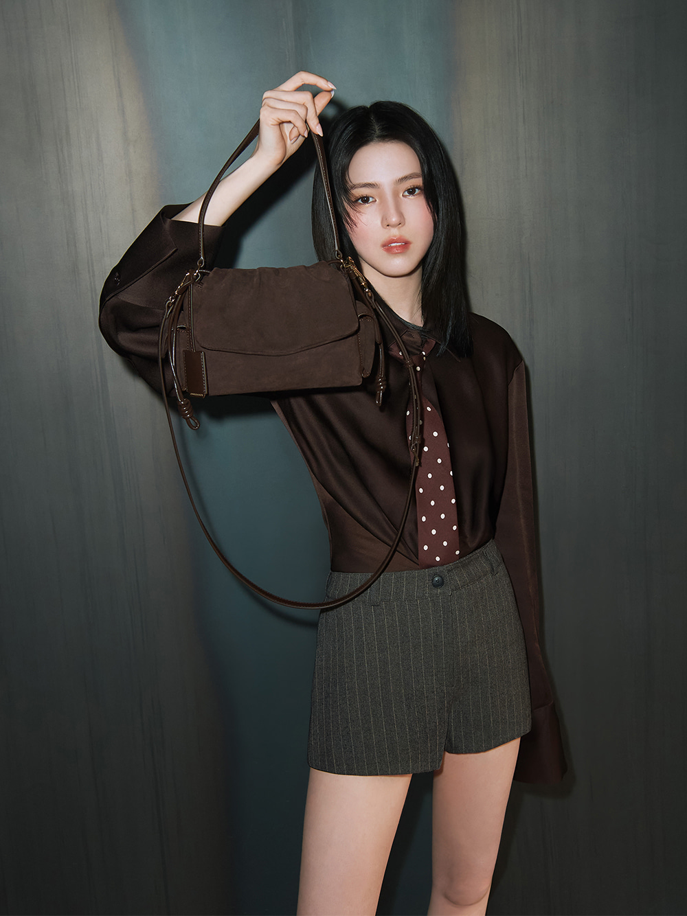 Women’s Khai recycled suede shoulder bag in espresso brown, as seen on Han So Hee - CHARLES & KEITH