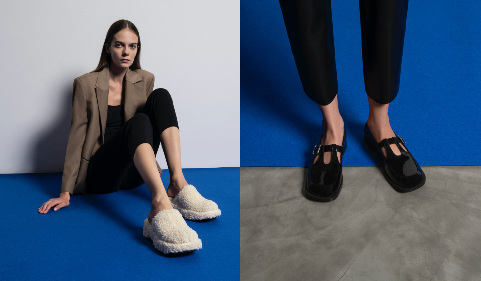Women’s furry platform clogs in chalk and Mary Jane buckle loafers in black – CHARLES & KEITH