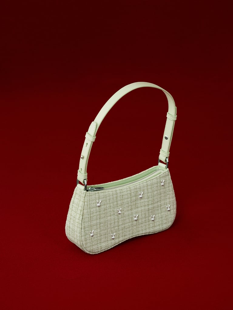 Women’s bunny studded tweed shoulder bag - CHARLES & KEITH