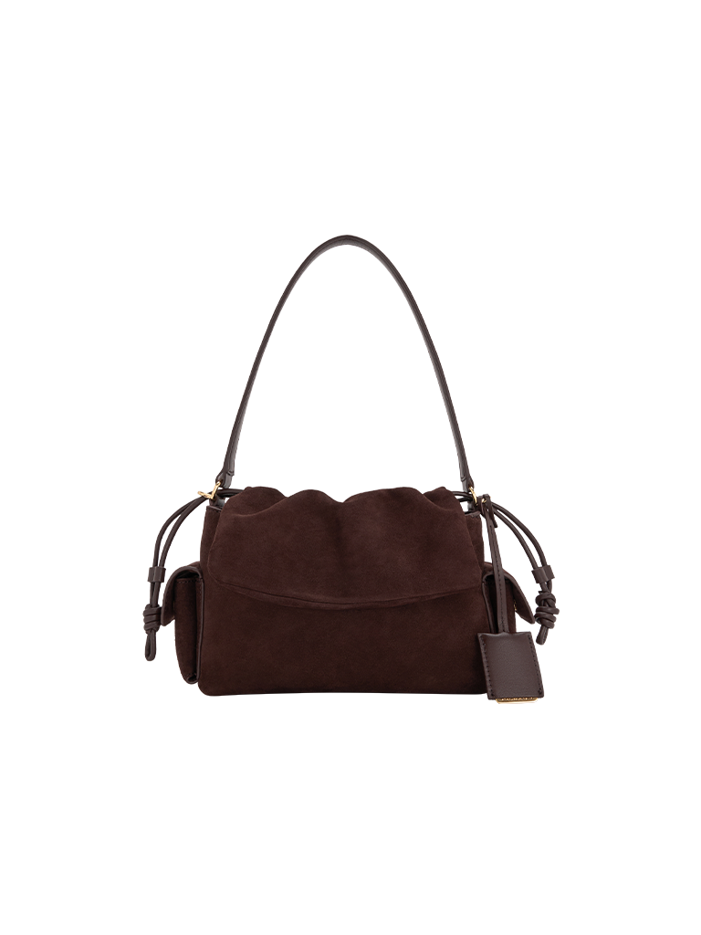 Khai Recycled Suede Ruched-Flap Side-Pocket Top Handle Bag - CHARLES & KEITH
