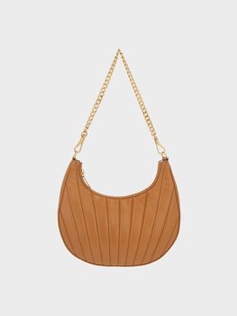 Chain Handle Pleated Moon Bag - Tan