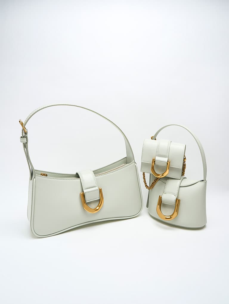 Gabine Curved Shoulder Bag, Gabine Bucket Bag and Gabine Chain-Link Cardholder, all in mint green – CHARLES & KEITH