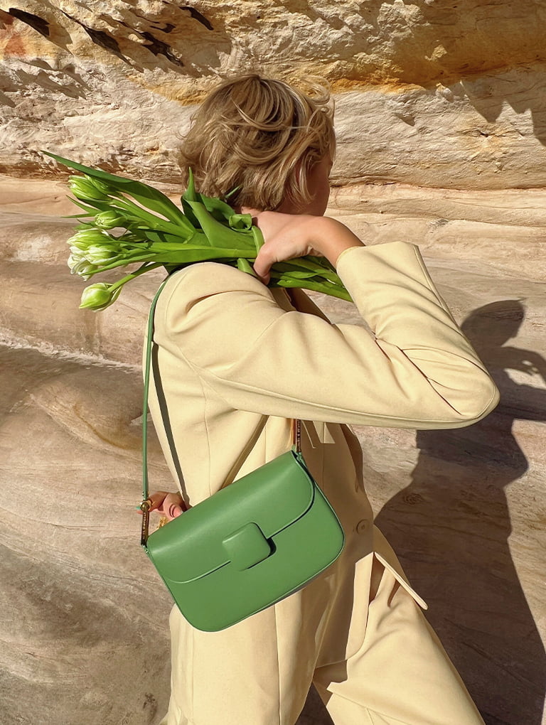 Women’s Koa square push-lock shoulder bag in green  - CHARLES & KEITH
