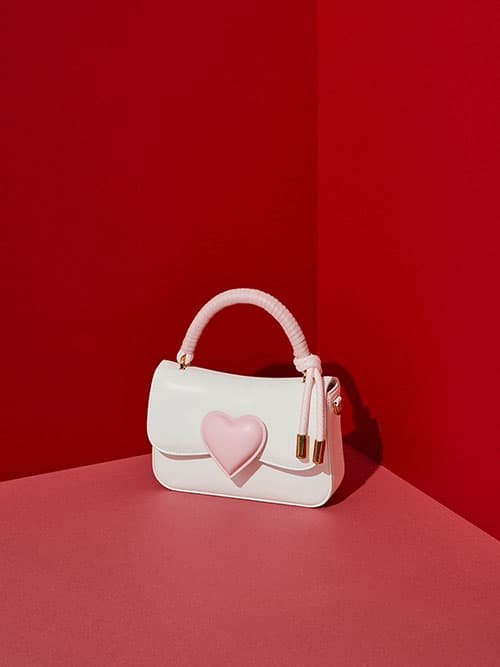 Valentine's Day Collection: Heart-Motif Coiled Top Handle Bag, White