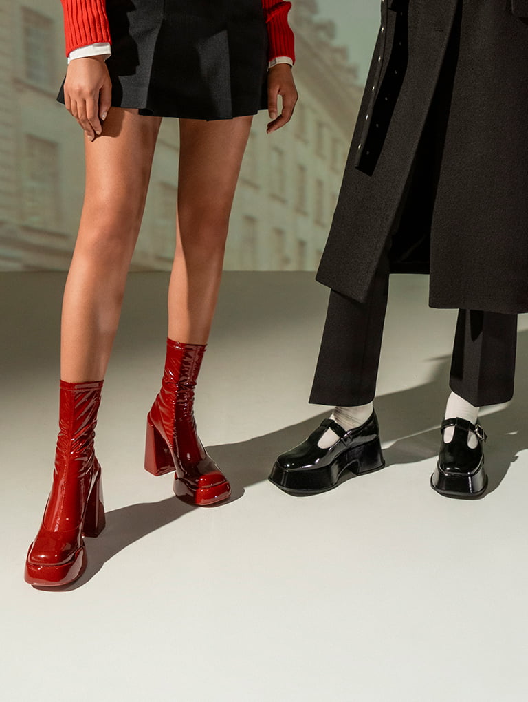 Women’s Lula patent block heel boots in red and chunky platform Mary Janes in black - CHARLES & KEITH