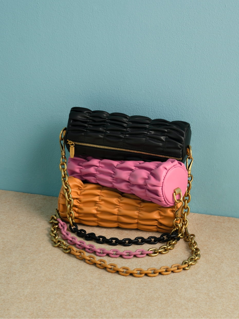 Women’s Tallulah ruched chain-handle shoulder bag in black, pink, and orange - CHARLES & KEITH