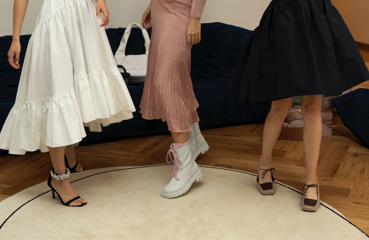 Women’s gem-encrusted ruffle strap stiletto sandals, fur-trim lace-up ankle boots and houndstooth print bow-tie block heel pumps - CHARLES & KEITH