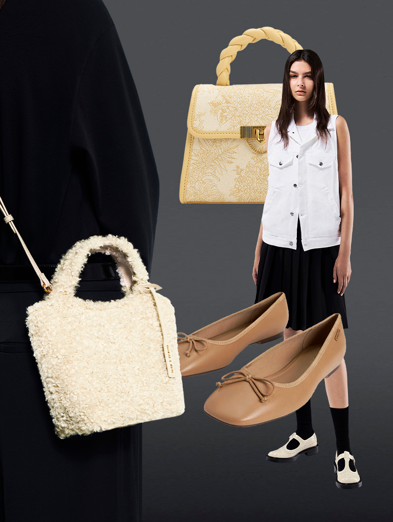 Women’s brogue leather T-bar Mary Janes, Rhea bow ballerinas, Arlys furry tote bag, and floral illustrated trapeze bag - CHARLES & KEITH