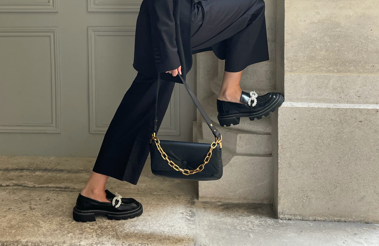 Women’s Zadie padded shoulder bag in black and Perline beaded platform loafers in black - CHARLES & KEITH