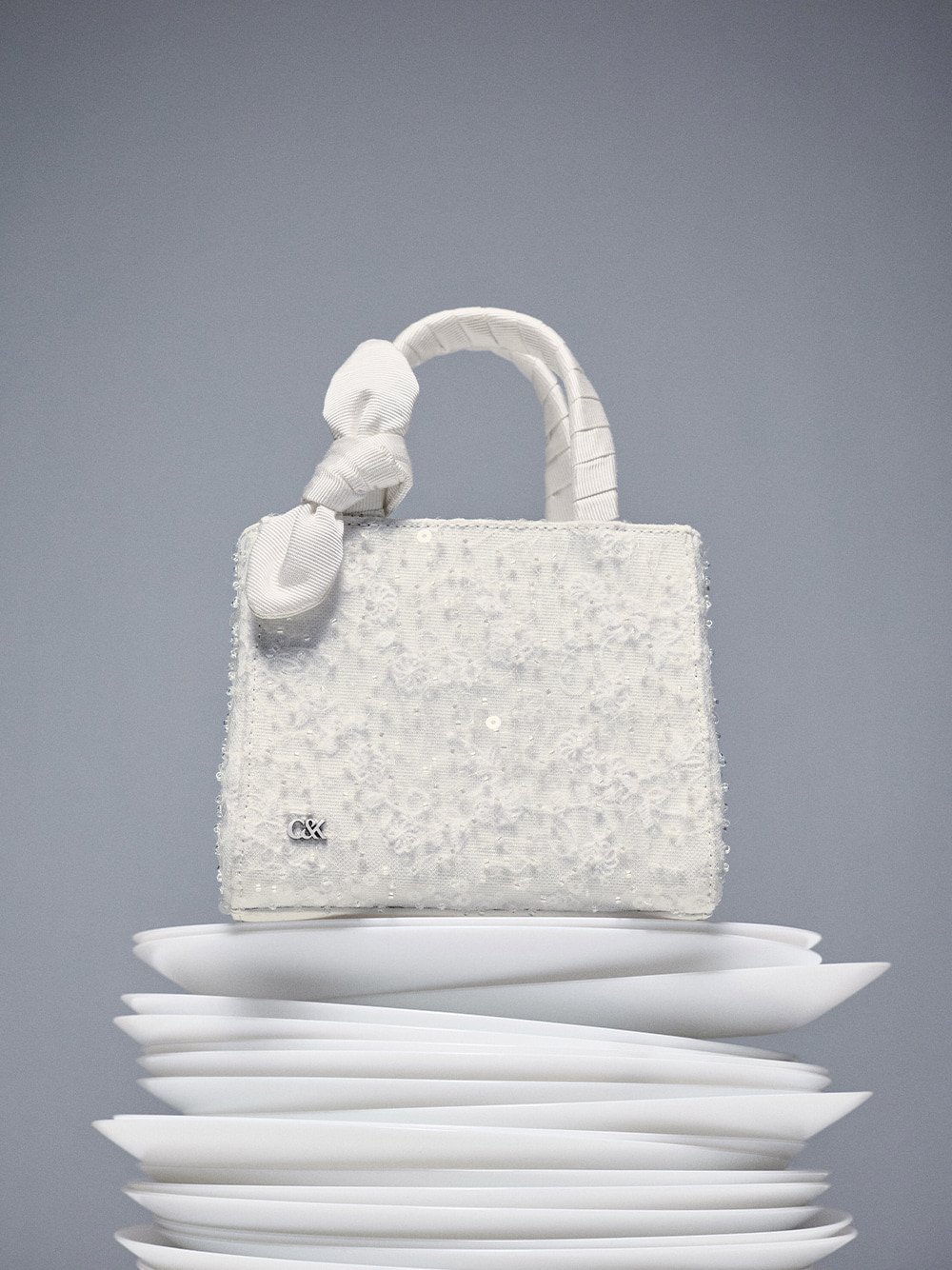 Albany Embroidered-Mesh Beaded Mini Bag in white - CHARLES & KEITH
