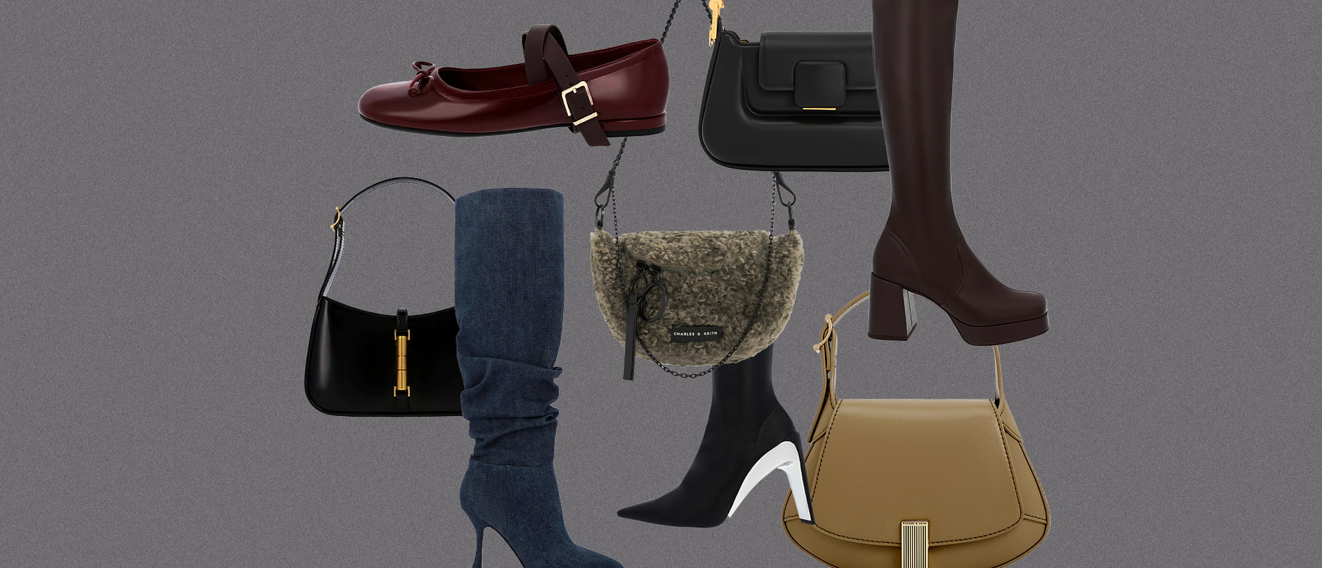 Women’s Koa Push-Lock Top Handle Bag, Cesia Metallic Accent Shoulder Bag, Metallic-Accent Curved Top Handle Bag, Philomena Furry Half-Moon Crossbody Bag, Aster Denim Ruched Knee-High Boots, Metallic Open-Toe Slingback Pumps and Delphine Recycled Polyester Platform Mules - CHARLES & KEITH