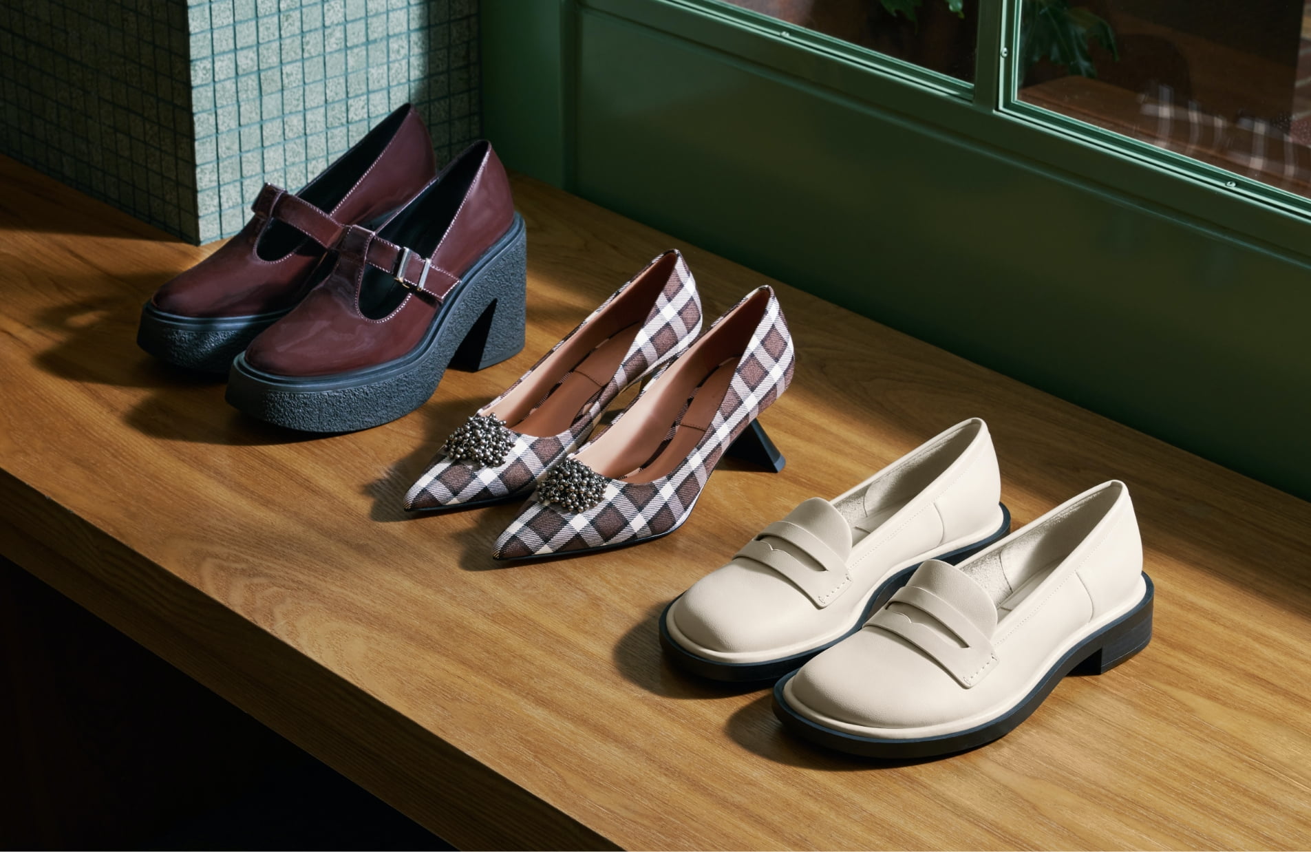 Women’s Odette patent leather T-bar platform Mary Janes, check-print embellished sculptural heel pumps, and Rumi leather penny loafers - CHARLES & KEITH