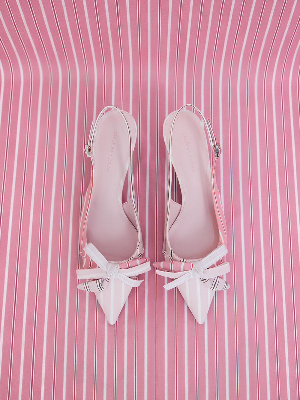 Striped Knot-Bow Pointed Slingback Pumps in light pink - CHARLES & KEITH