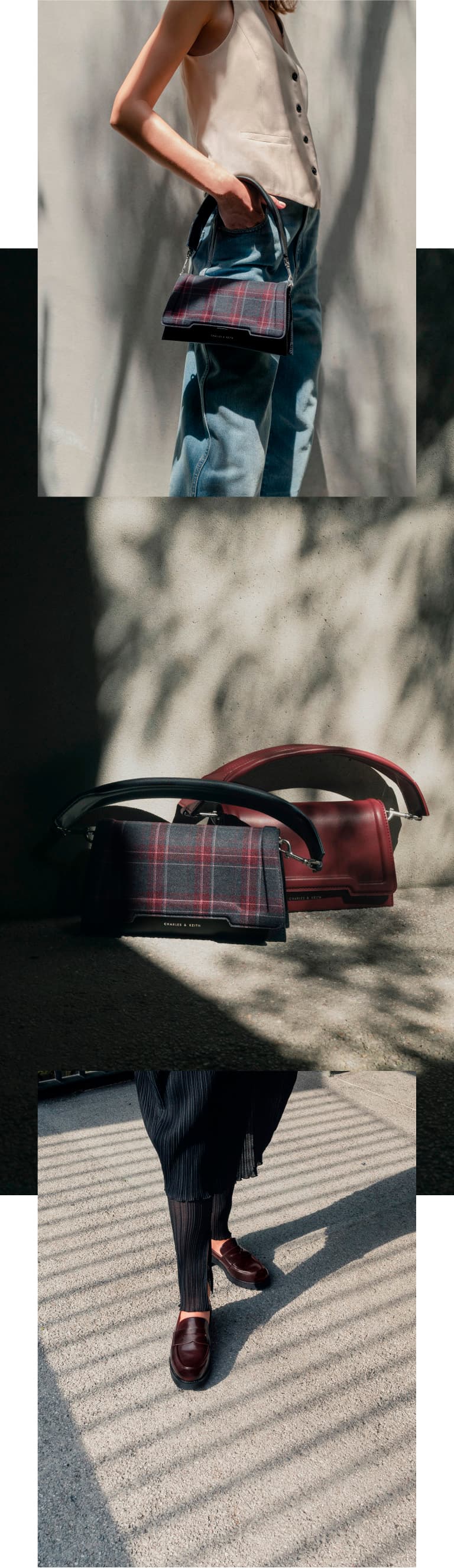 Women’s trapeze front flap bag in check print and burgundy – CHARLES & KEITH
