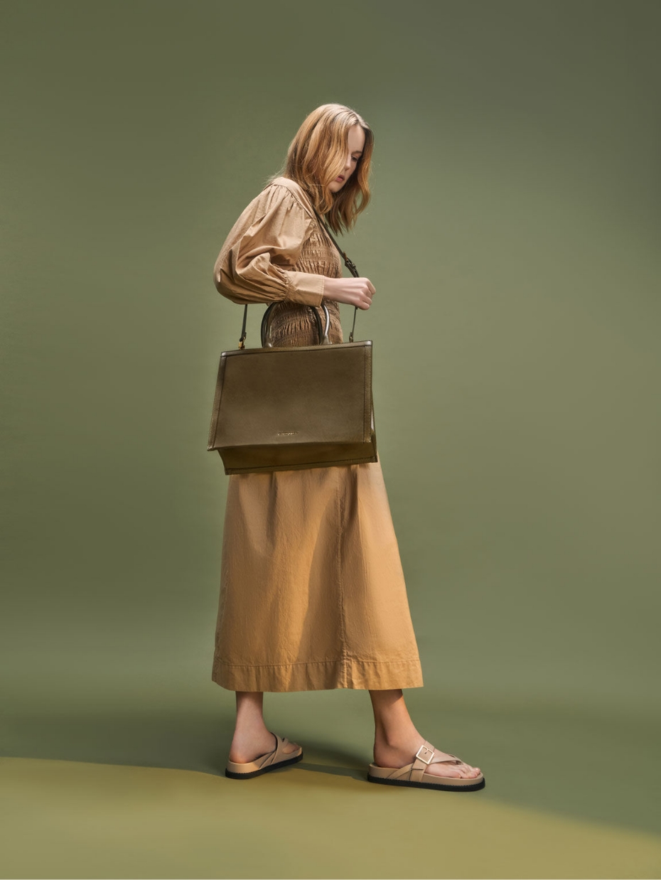 Women’s Charlot tote bag in olive and buckled thong sandals in beige - CHARLES & KEITH
