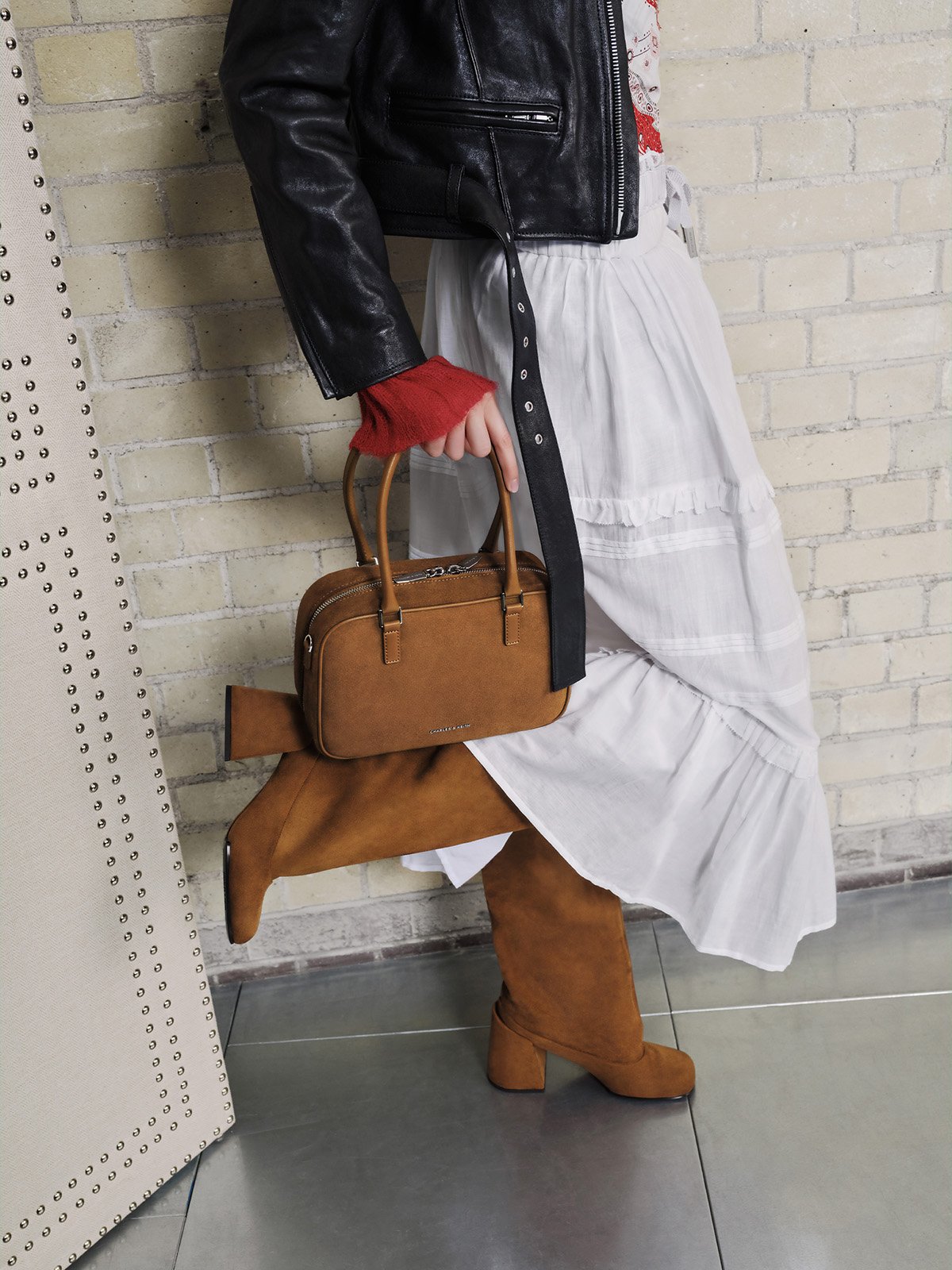 Sienna Brown Sianna Recycled Suede Bowling Bag, Brown Robbie Faux Suede Side-Buckle Block-Heel Knee-High Boots -  CHARLES & KEITH
