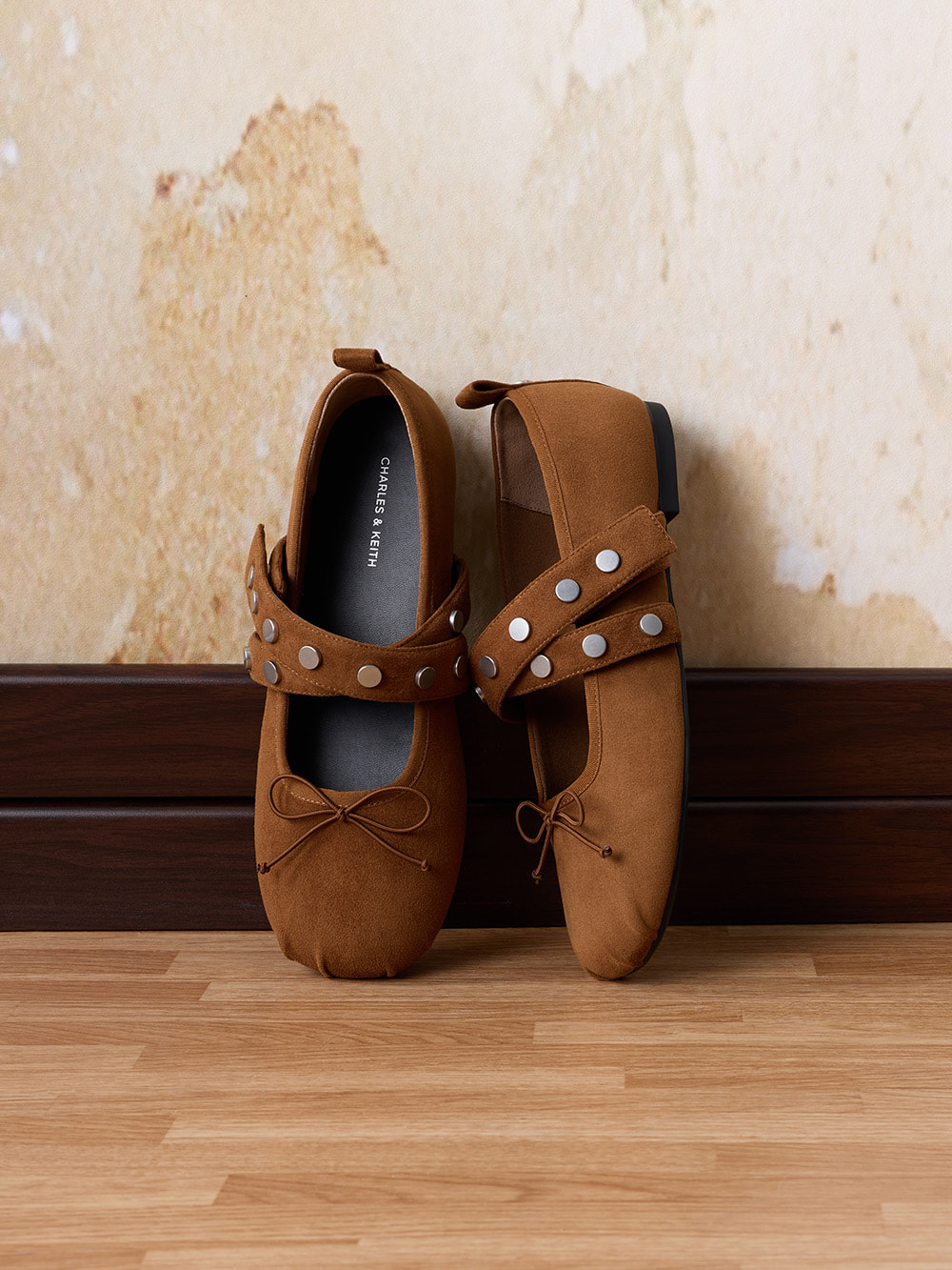 Women’s Gael faux suede studded crossover-strap bow Mary Janes in brown - CHARLES & KEITH