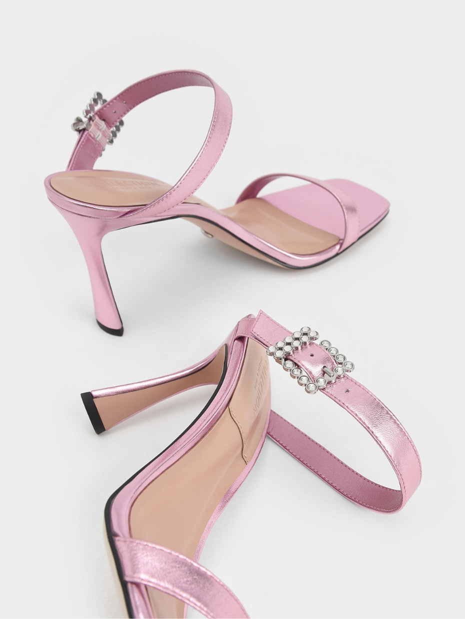 Women’s leather gem-embellished stiletto mules in pink - CHARLES & KEITH