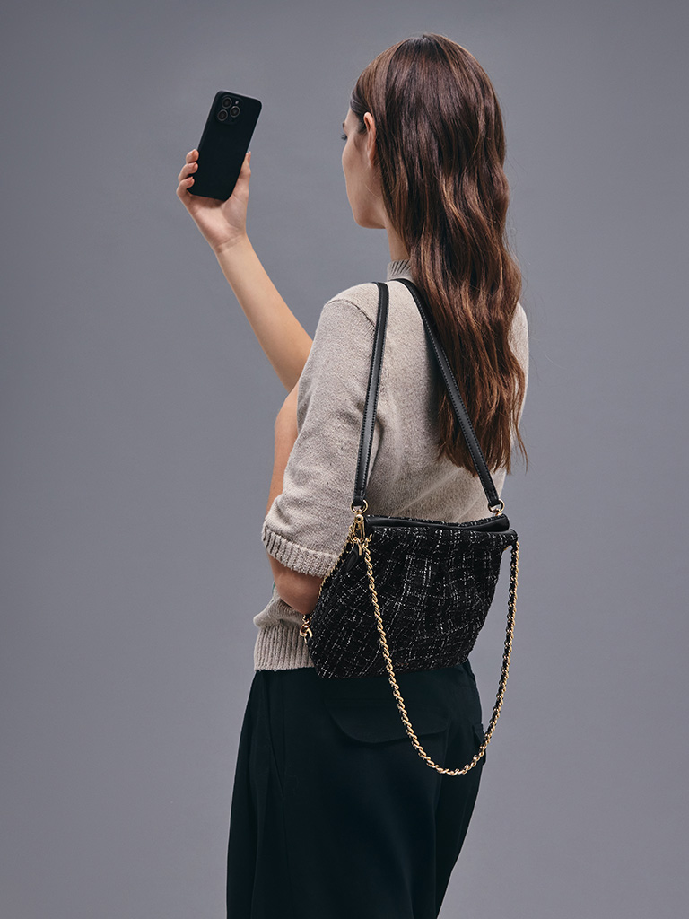 Women's Duo Tweed Double-Chain Hobo Bag in black tweed — CHARLES & KEITH