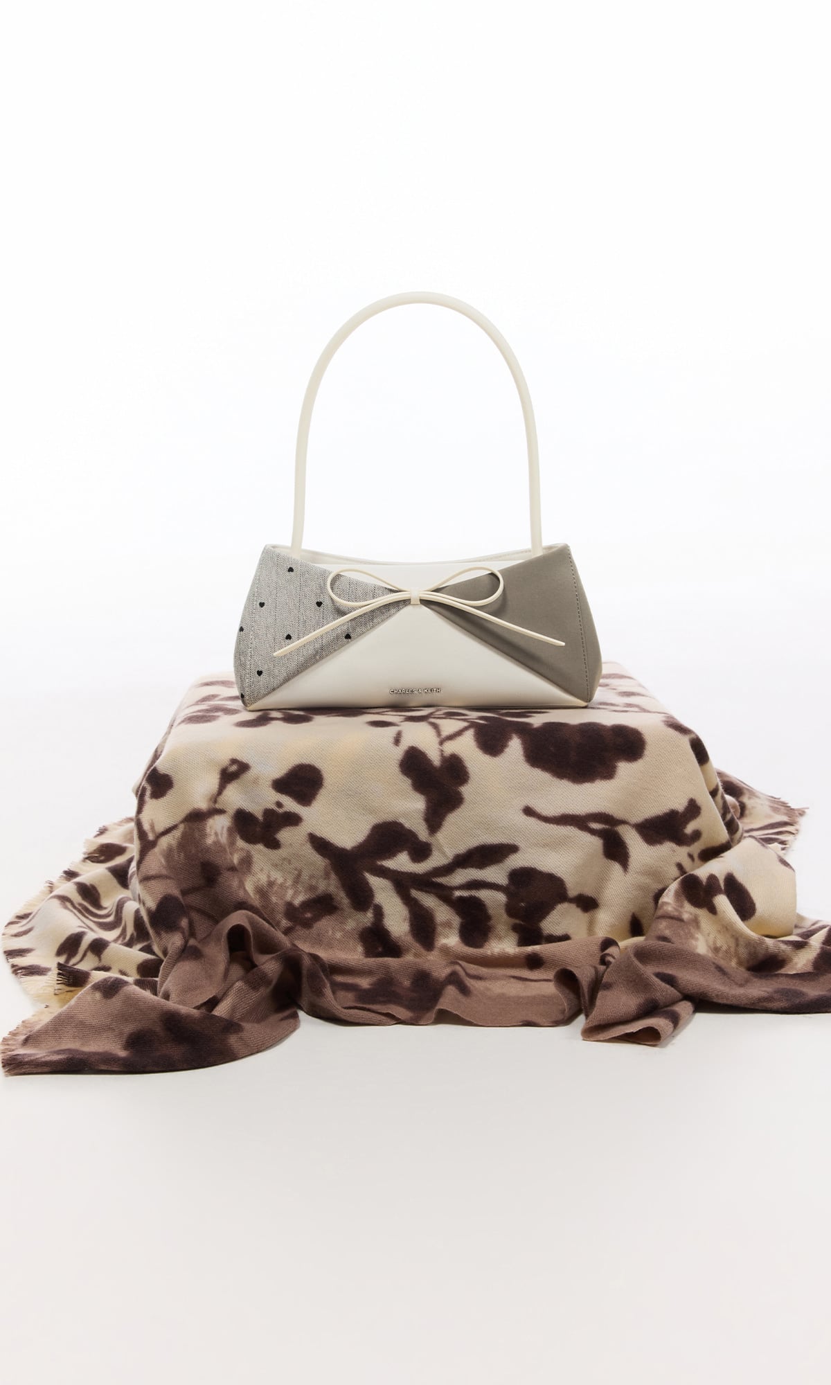 Taupe Hazel Heart-Print Bow Panelled Shoulder Bag - CHARLES & KEITH